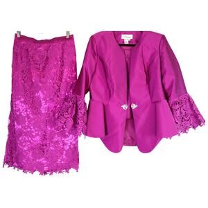 NWT Ey Boutique Fuchsia Pink Skirt Suit Formal Crochet Lace Bell Sleeve Women 10